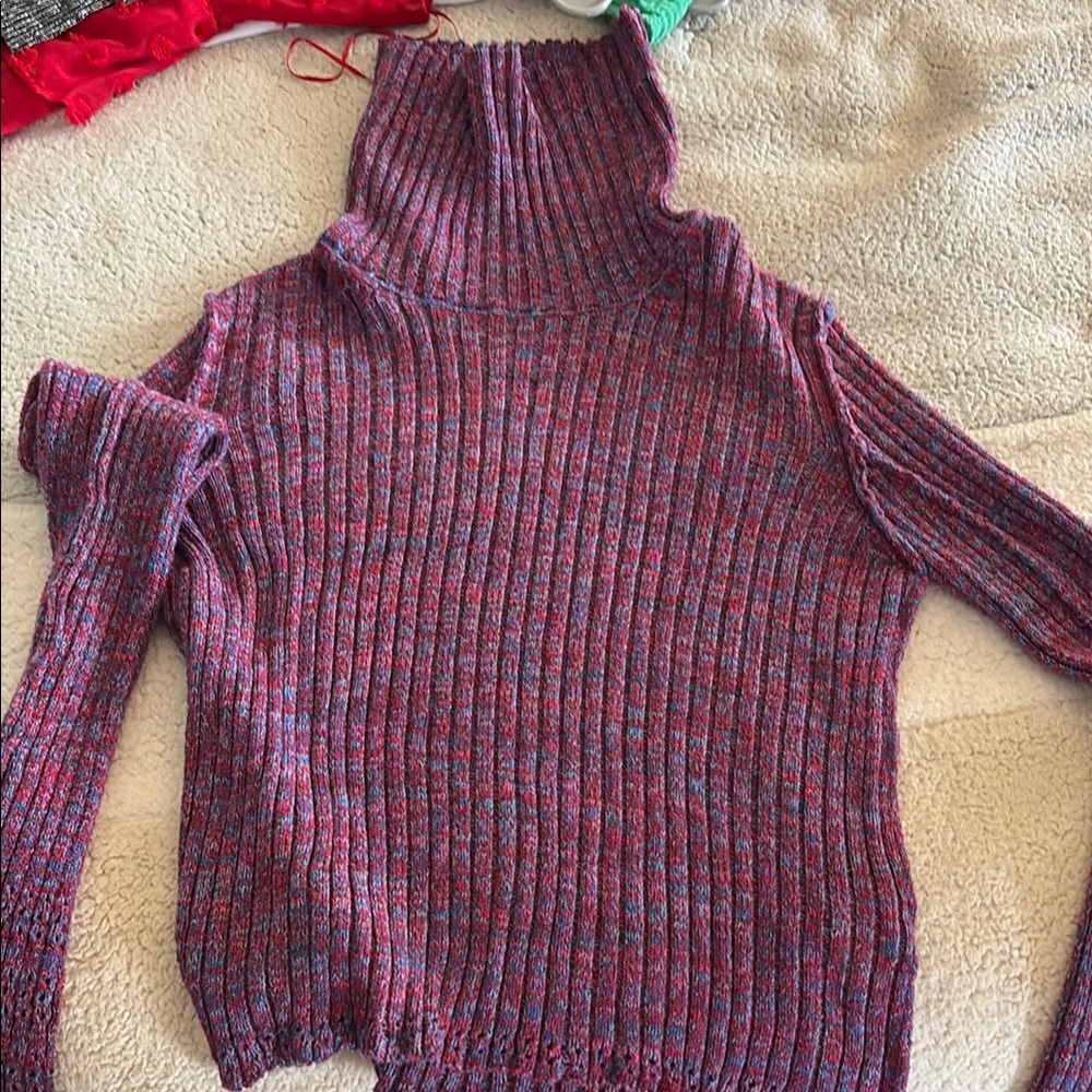 Cozy Red and Blue Ribbed Turtleneck Sweater
